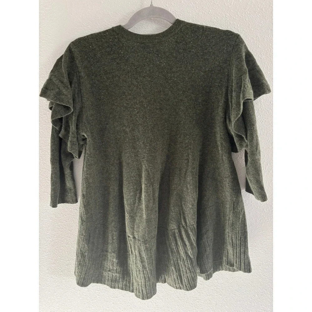 Left Of Center Cashmere Lambswool Cottagecore Cardigan‎ M Green Ruffled Sleeve